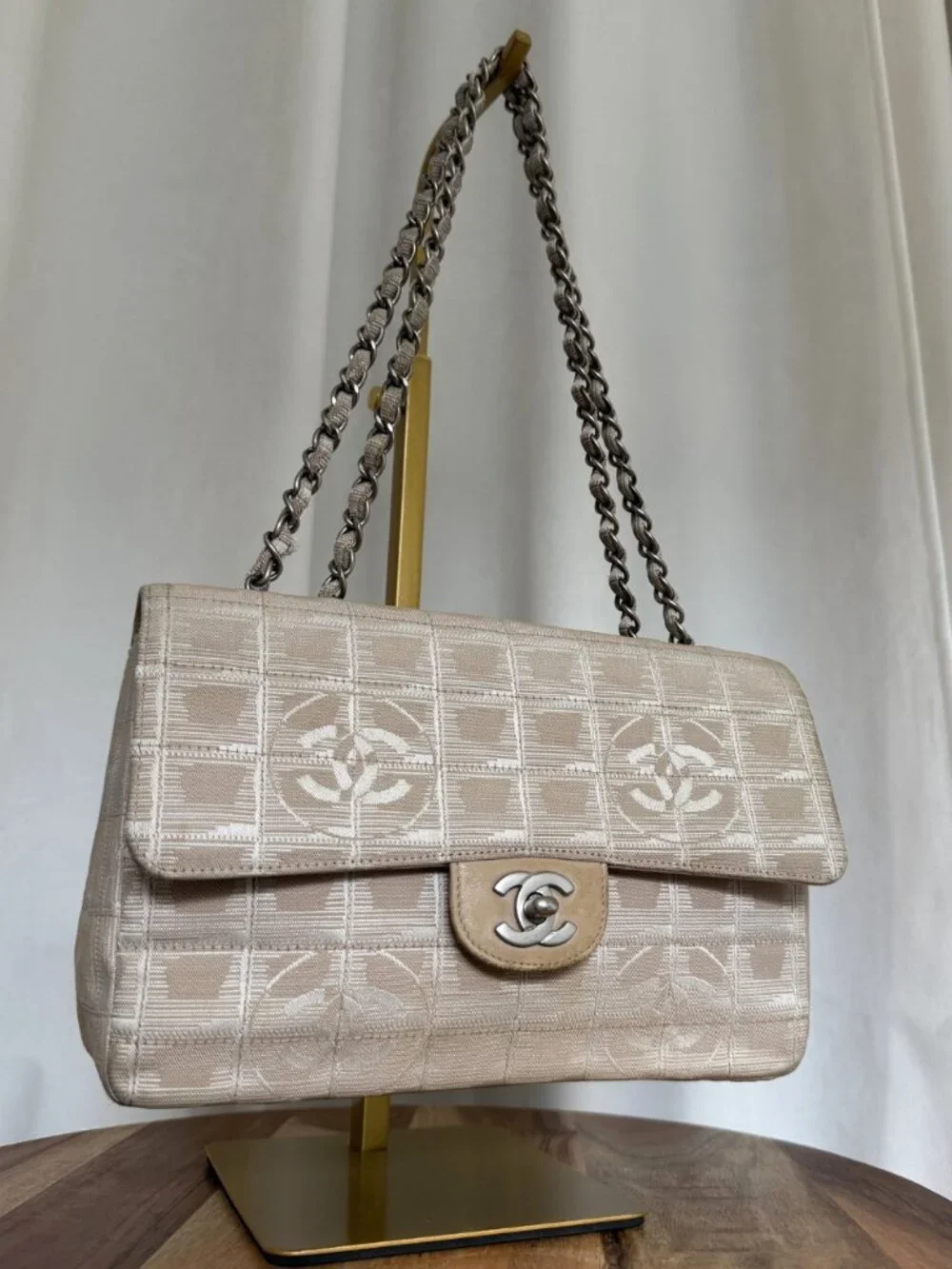 CHANEL Vintage 2003 Travel Line Flap Bag Beige White Silver Chain Medium + Box